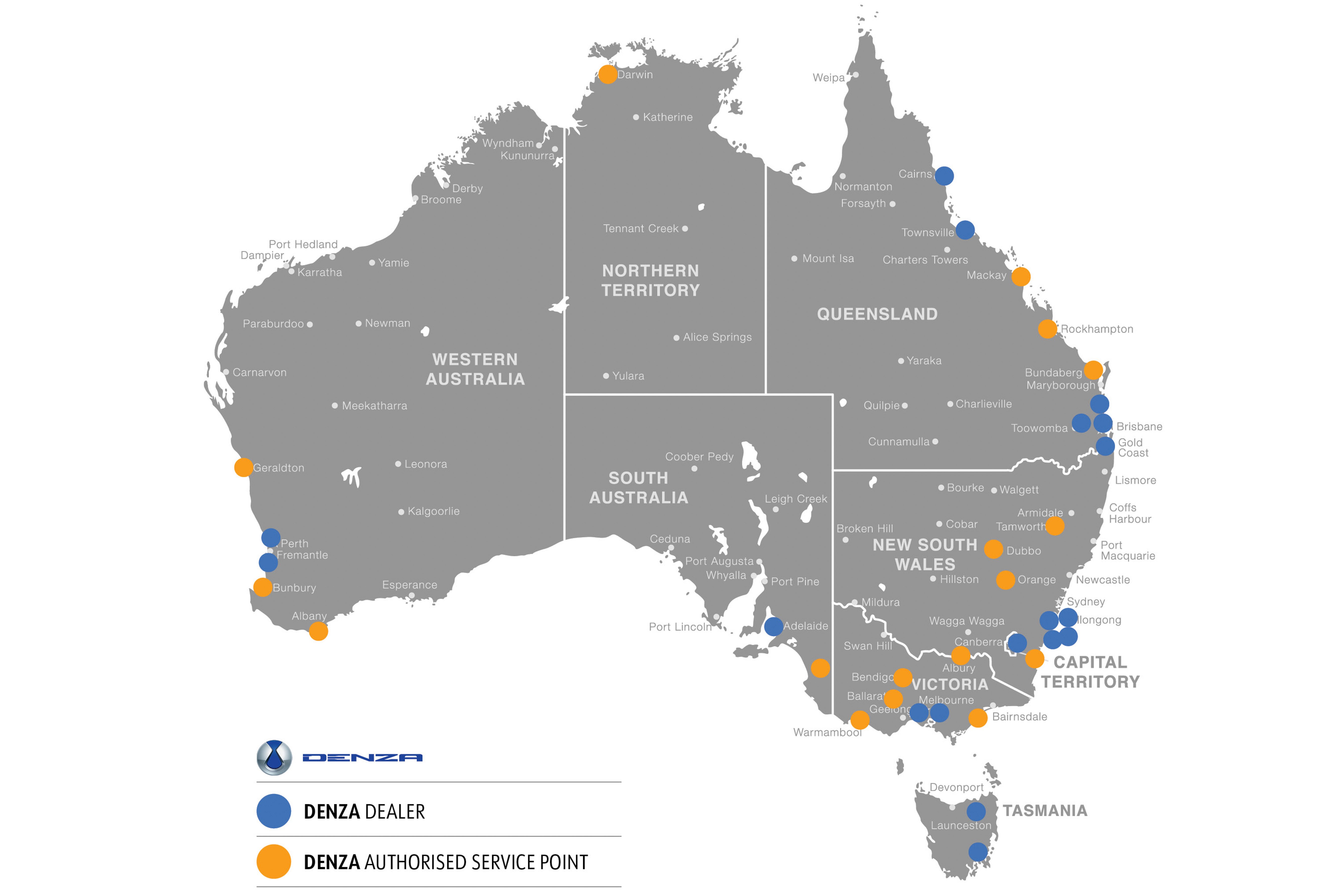 Denza's new authorised service points plotted across Australia