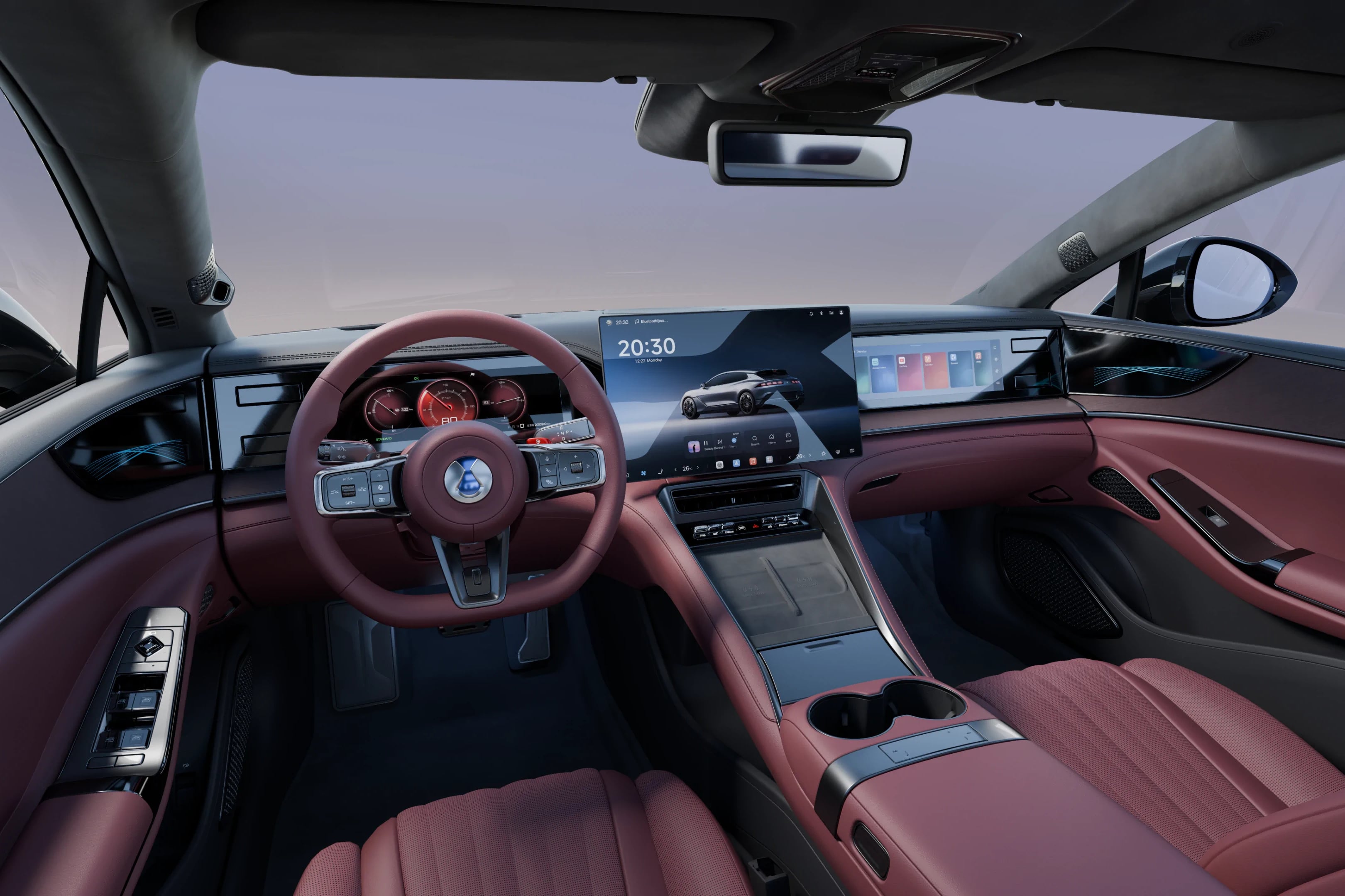 Inside the Z9 GT: a wide digital cockpit and burgundy leather trim