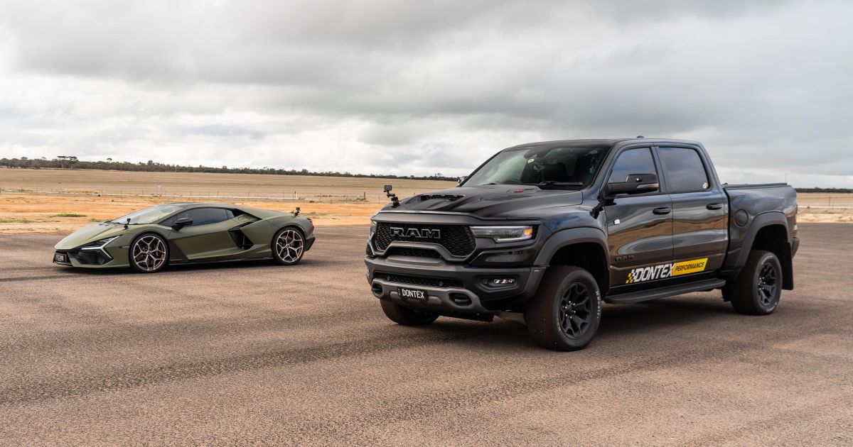 1200hp RAM TRX vs Lamborghini Revuelto drag race