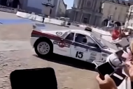 Classic Lancia Group B rally car crashes into crowd