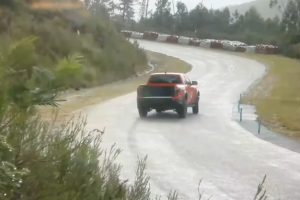 Wet hillclimb goes horribly wrong in Ford Ranger Raptor, driver somehow saves it