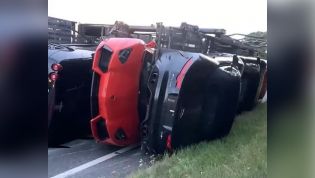 Supercars in super crash as transport truck topples over