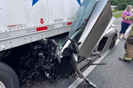 Rented Lamborghini slides under truck in high-speed crash