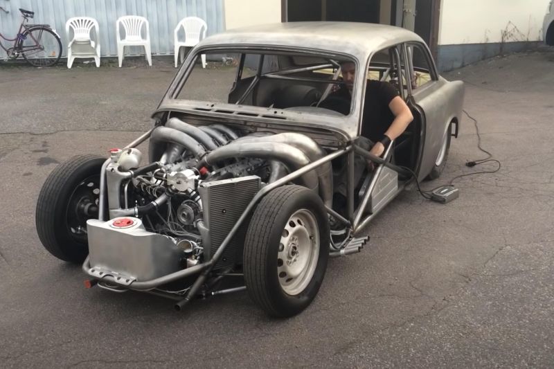 This V8 Volvo uses a two-stroke home-made boat engine, and it sounds nuts