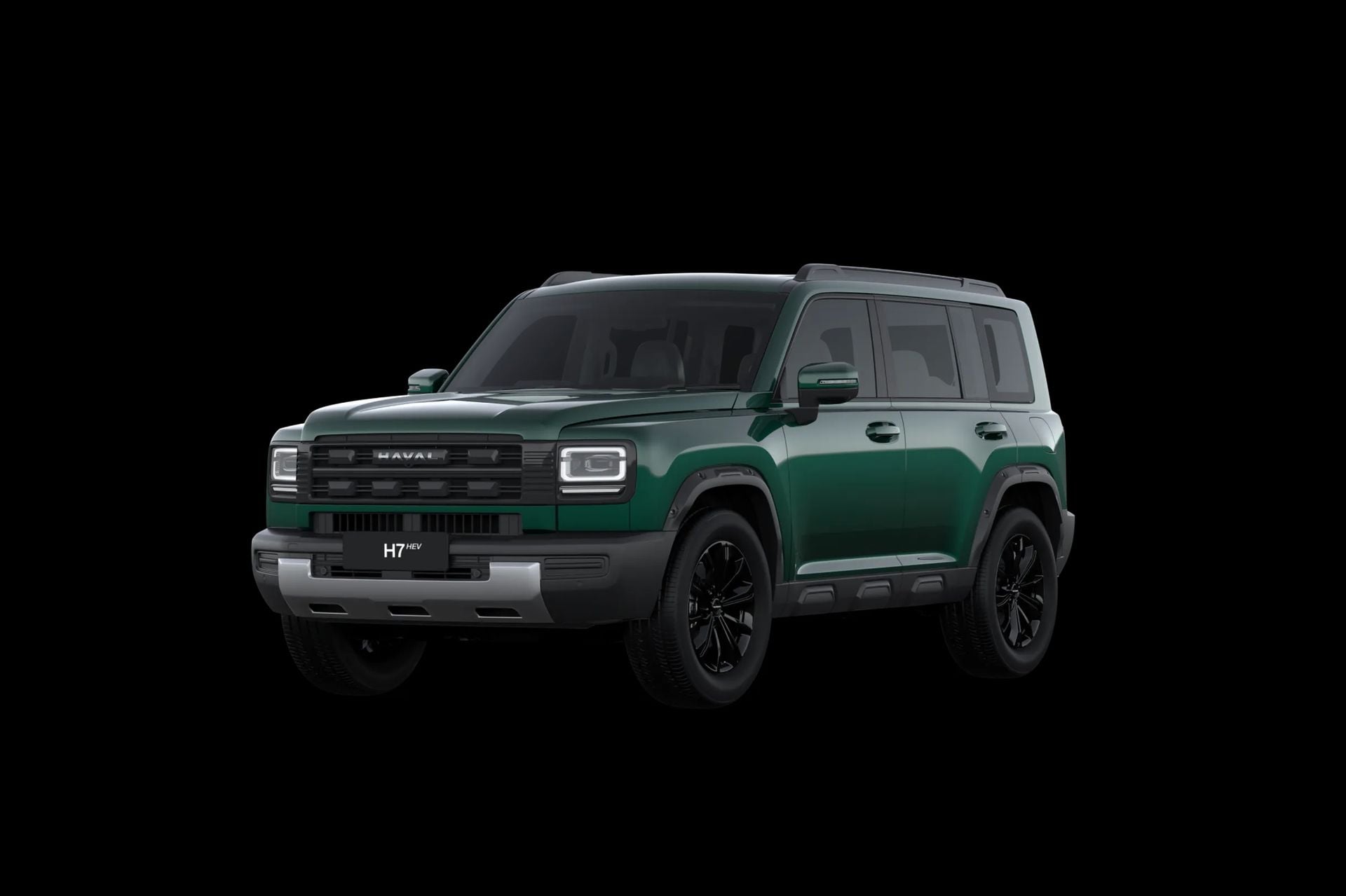 A green 2027 GWM Haval H7 HEV SUV seen from the front three-quarter angle against a black background