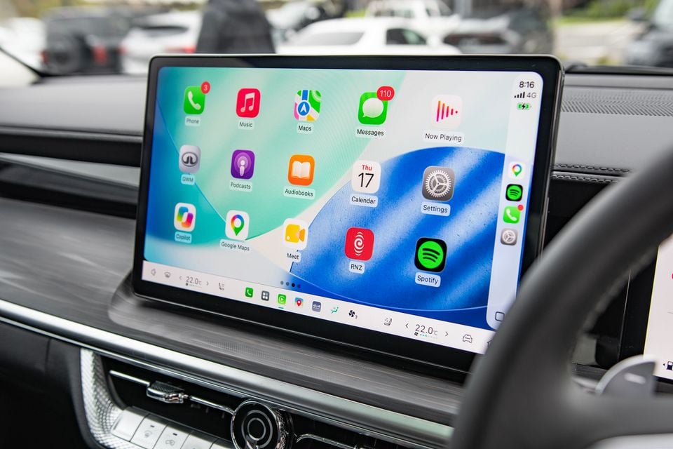 The infotainment touchscreen of a 2026 GWM Cannon Alpha Vanta showing the Apple CarPlay home screen with app icons