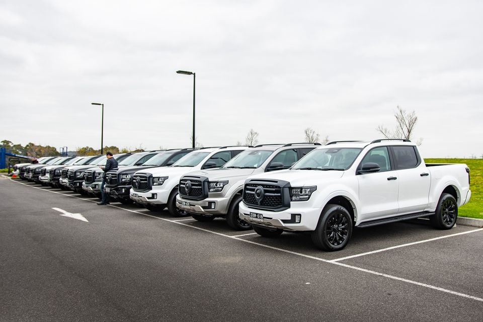 A long row of white 2026 GWM Cannon Alpha Vanta utes parked in a car park, seen from the front quarter.