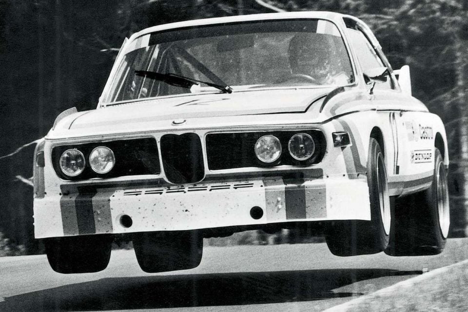 A BMW 3.0 CSL Batmobile catches some air time