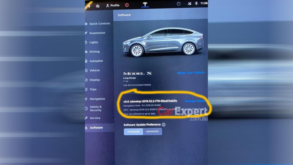 Crash tested Tesla Model X computer showing developer firmware