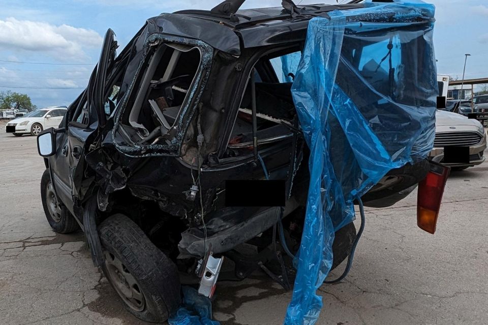 The aftermath of the Mustang Mach-E’s impact with the CR-V