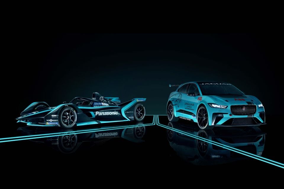 Jaguar’s previous-generation Formula E racer (left) and its I-Pace eTrophy