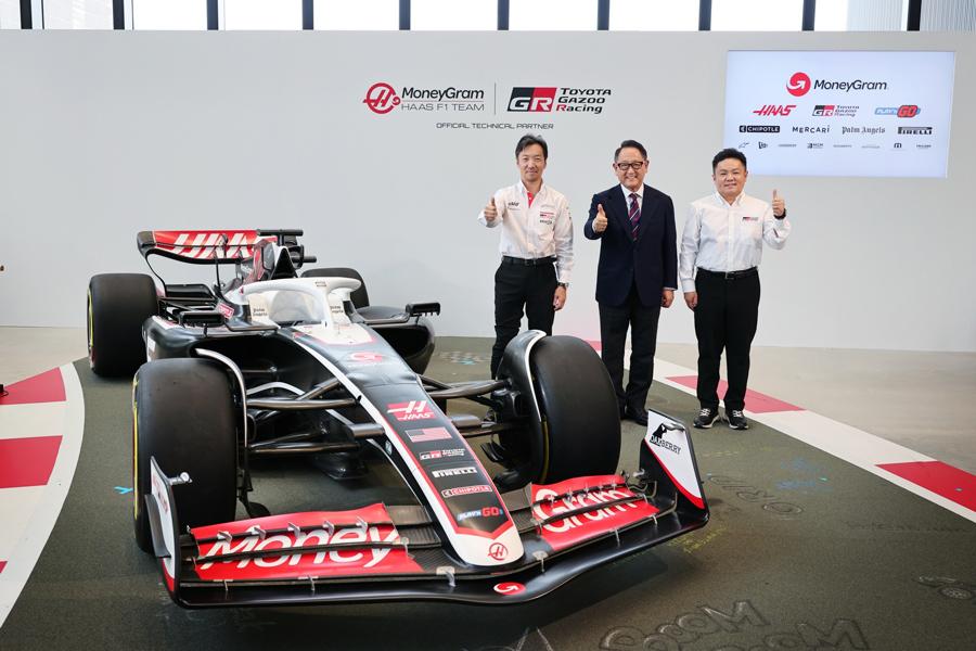 From left: Haas F1 Team team principal Ayao Komatsu, Toyota Motor Corporation chairman Akio Toyoda, and Gazoo Racing Company president Tomoya Takahashi