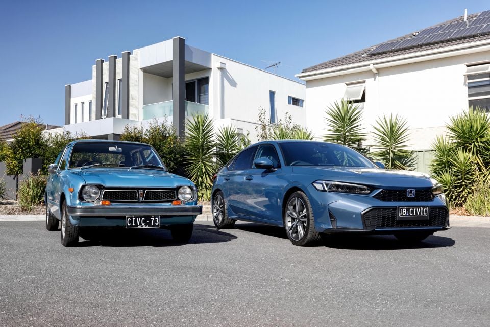 2025 Honda Civic e:HEV (right) and 1973 Honda Civic (left)