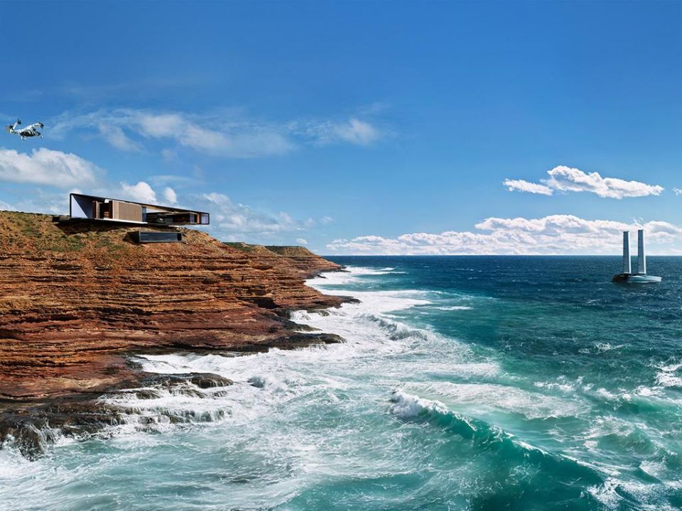 The ‘Lexus House’ including Joby aircraft and offshore catamaran