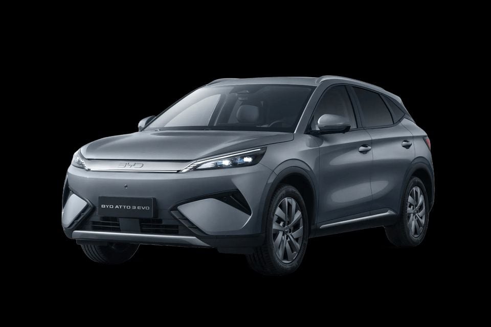A grey 2026 BYD Atto 3 EVO SUV shown from the front-left angle against a black background