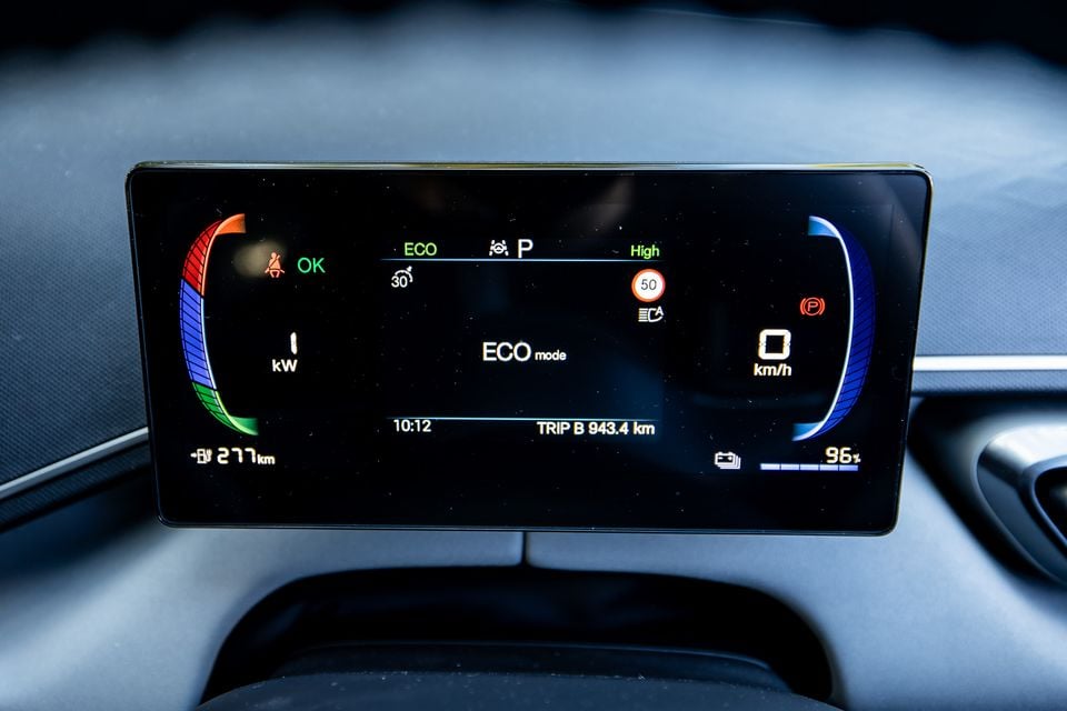 Digital instrument cluster in a BYD Atto 1 showing ECO mode, 277km range, 96% battery charge, and trip information on a dark display