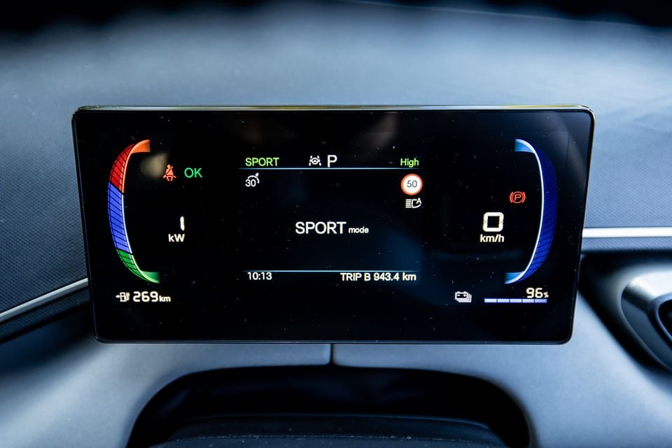 The digital instrument cluster of a BYD Atto 1 showing Sport mode, 96% battery charge, 269km range, and a speed limit sign of 50km/h