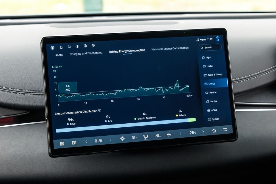 The infotainment touchscreen in a BYD Seal 6 Touring showing the Driving Energy Consumption screen with energy usage graph and distribution breakdown