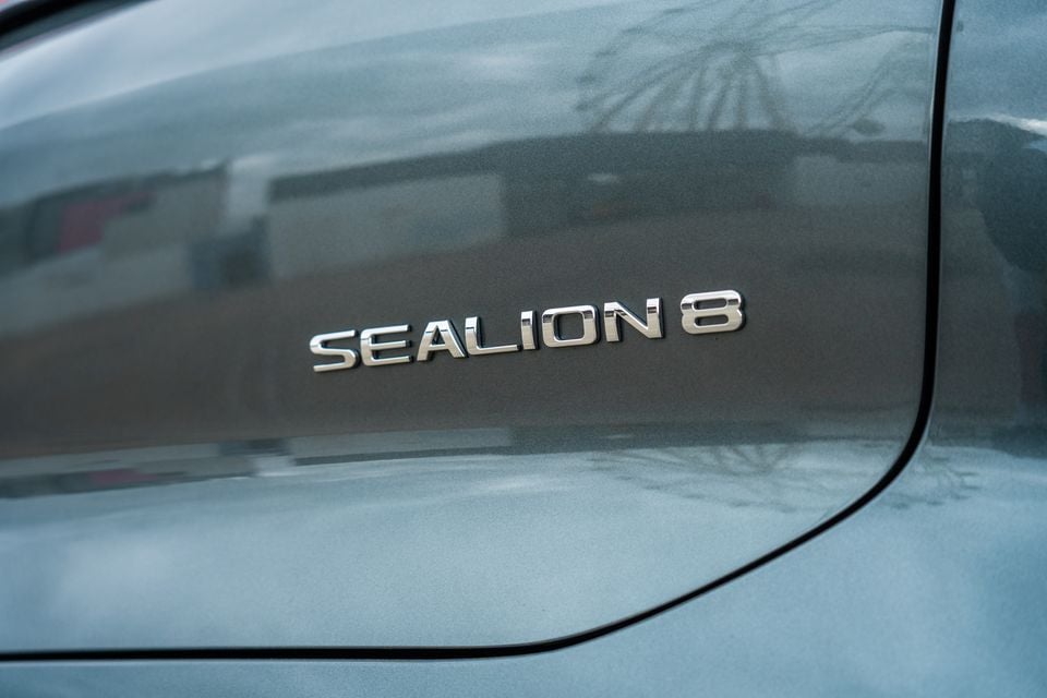 Close-up of the Sealion 8 badge on the exterior body panel of a BYD Sealion 8