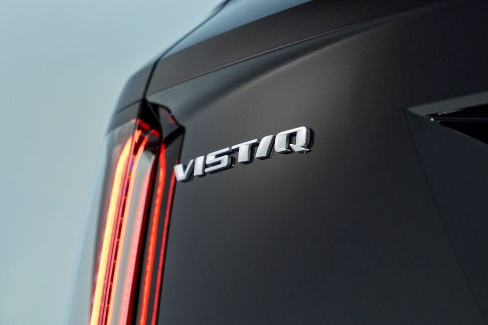 Close-up of the Vistiq badge and tail light on the rear of a 2026 Cadillac Vistiq