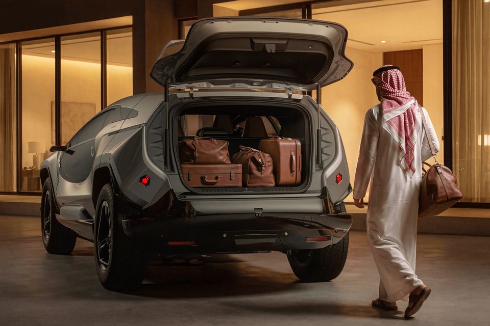 A grey Ceer Exobot SUV with its rear tailgate open showing luggage, as a man in traditional Gulf attire approaches with a bag