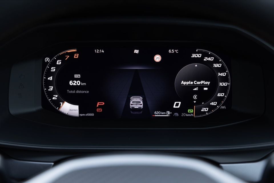 Digital instrument cluster in the 2026 Cupra Formentor S showing tachometer, speedometer, Apple CarPlay prompt, 620km range and a 20km/h speed limit sign