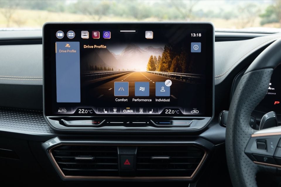 Cupra Formentor S infotainment screen showing the Drive Profile menu with Comfort, Performance and Individual modes, with climate control shown below