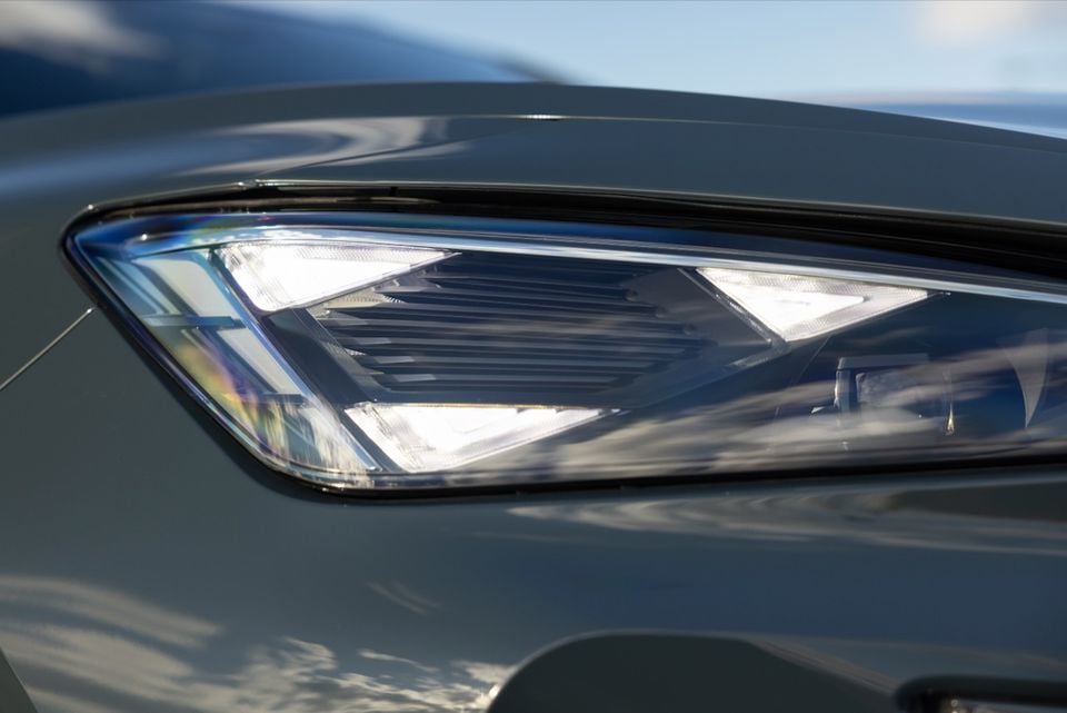 Close-up of the LED headlight on a grey 2026 Cupra Formentor S