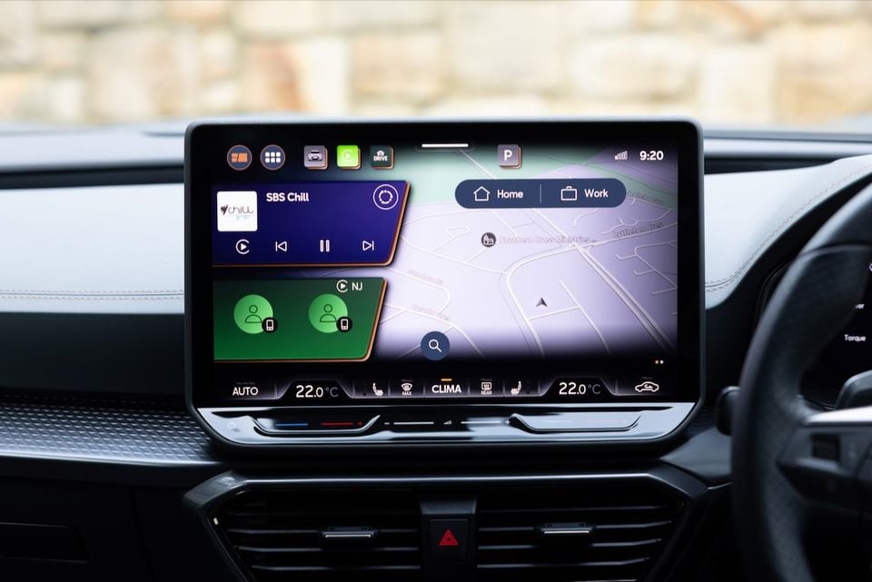 The infotainment touchscreen of a 2026 Cupra Formentor VZX showing navigation, SBS Chill radio and climate control set to 22°C