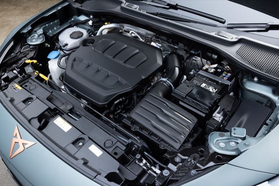 Engine bay of a 2026 Cupra Formentor VZX with the bonnet open, showing the turbocharged engine and components