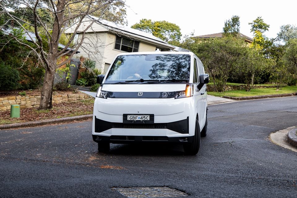 A white 2026 Farizon V7E van seen from the front on a suburban street in Australia