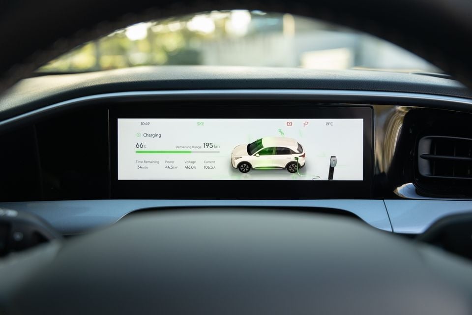 The instrument cluster display of a 2026 Geely EX2 Inspire showing a charging screen with 66% battery, 195km remaining range, and 34 minutes until full at 44.3kW