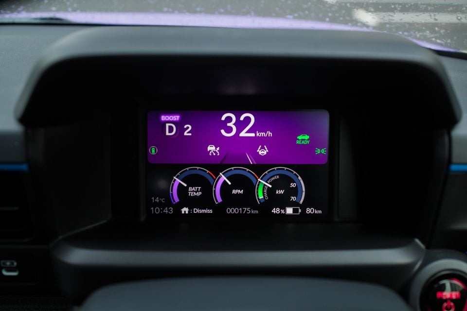 The digital instrument display of a 2026 Honda Super One shows a speed of 32 km/h, drive mode, battery temperature and power gauges, and a green "ready" indicator.