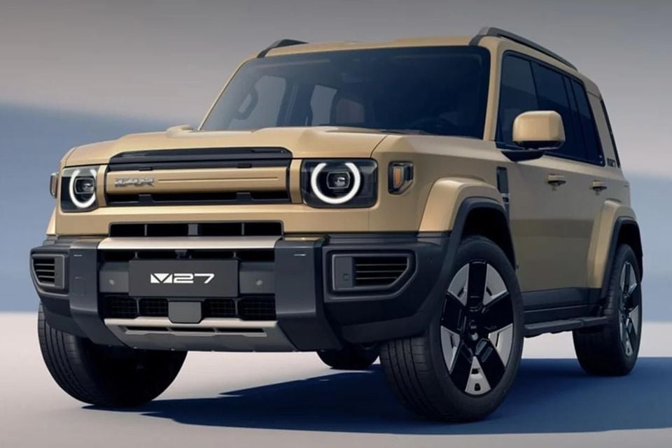 Beige overseas iCaur V27 range-extender SUV viewed from the front three-quarter angle; Australian grades and equipment unconfirmed.