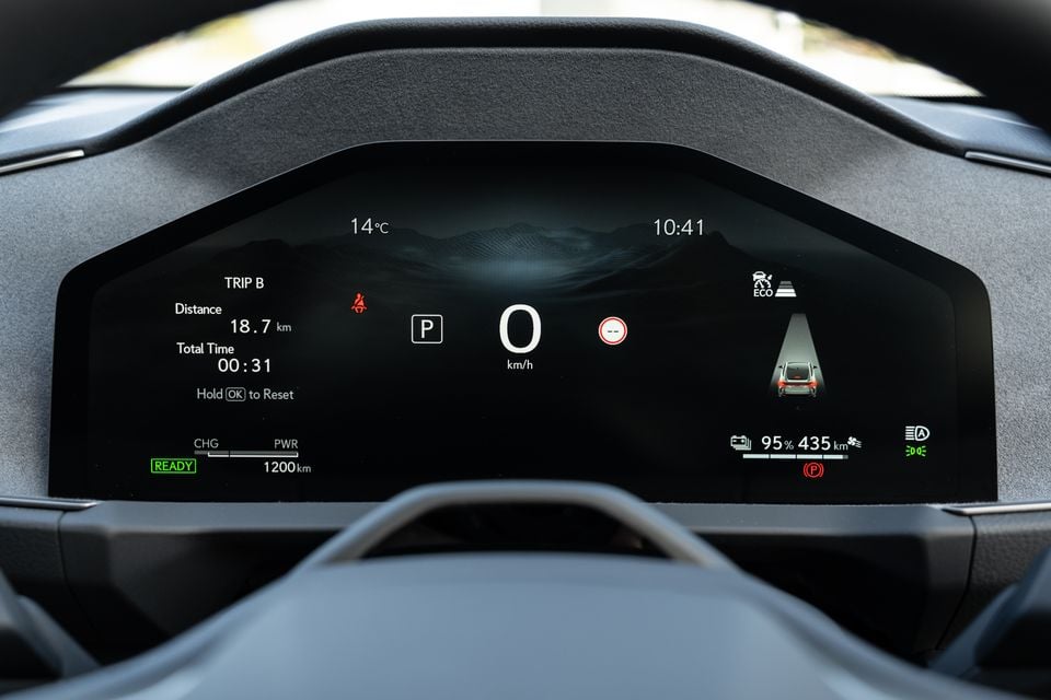 Digital instrument cluster display in a 2026 Lexus ES350e showing trip data, speed, battery charge at 95% with 435km range, and driver assistance graphics