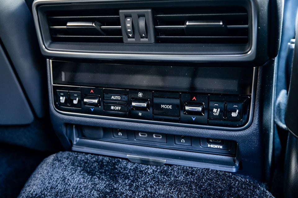 Rear-seat climate control panel with AUTO, fan speed, MODE, and seat heating buttons, plus USB-C, headphone, and HDMI ports in the 2026 Lexus LX700h Sports Luxury