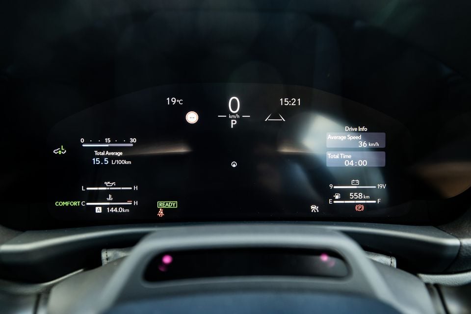 Digital instrument cluster of a 2026 Lexus LX700h Sport Luxury showing speed, fuel range of 558km, average fuel consumption of 15.5L/100km, and drive information on a curved display