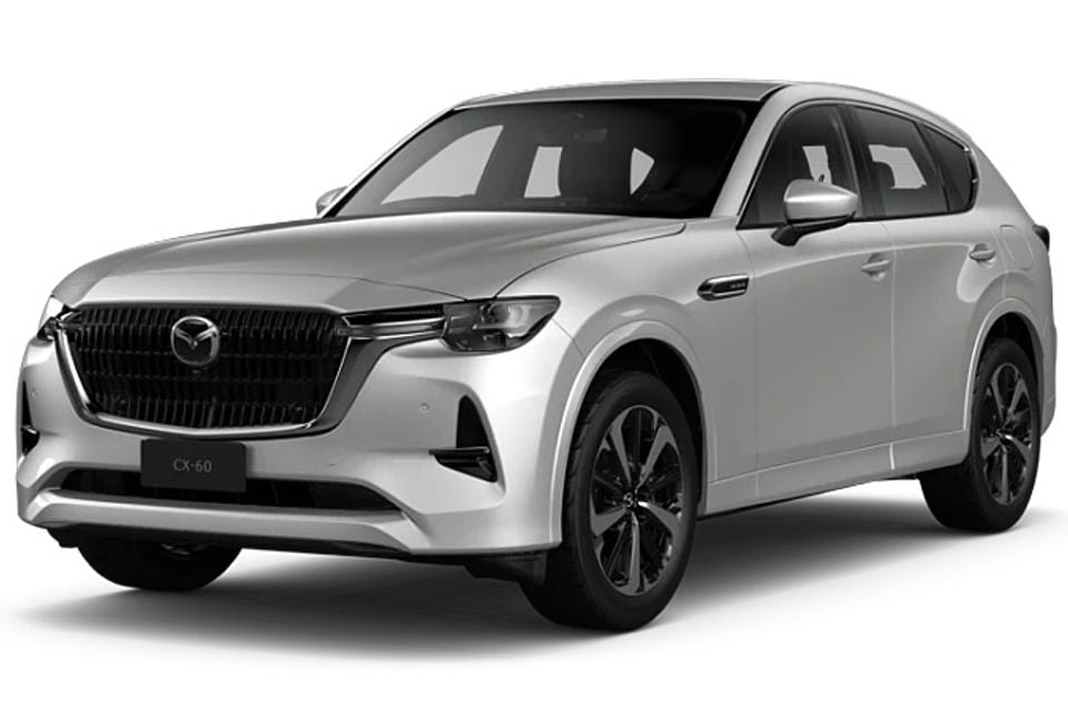 A silver Mazda CX-60 SUV shown from the front-side angle against a white background