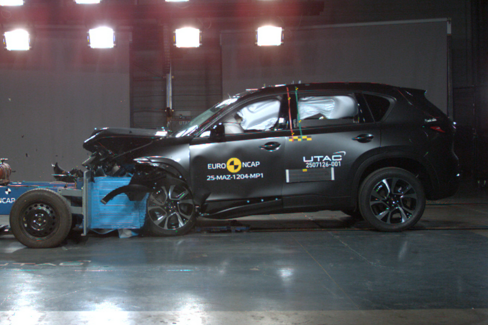 A Mazda CX-5 SUV undergoing a Euro NCAP frontal crash test, showing front-end damage and deployed airbags
