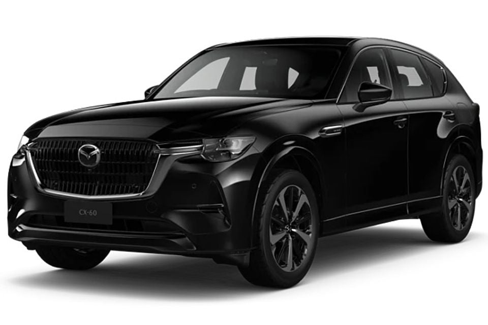 A black Mazda CX-60 SUV seen from the front three-quarter angle on a white background