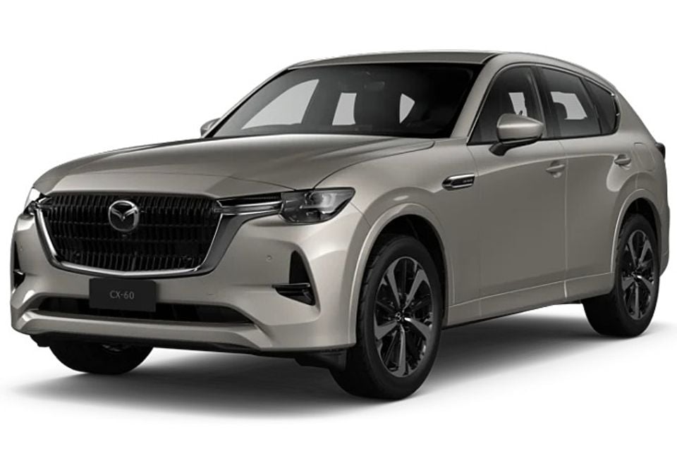 Mazda CX-60 SUV in Platinum Quartz, seen from the front-side on a white background