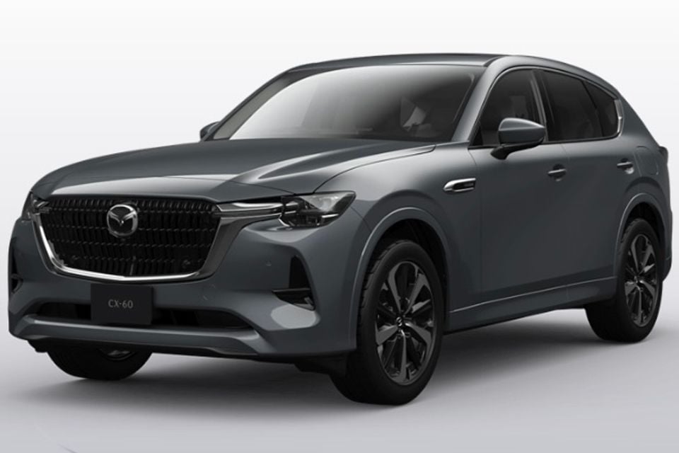 Mazda CX-60 SUV in Polymetal Grey, seen from the front-side angle against a white background