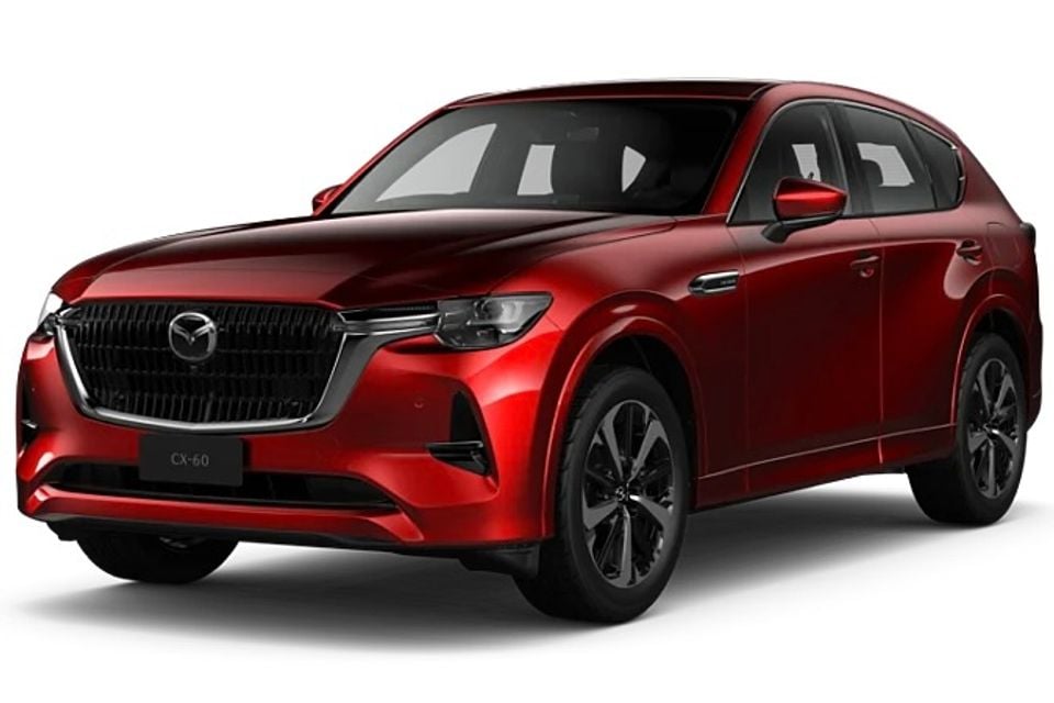 A red Mazda CX-60 SUV seen from the front-side angle against a white background