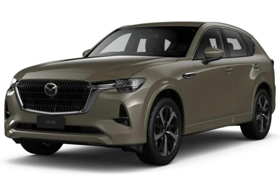 Mazda CX-60 SUV in Zircon Sand, seen from the front-side angle against a white background.