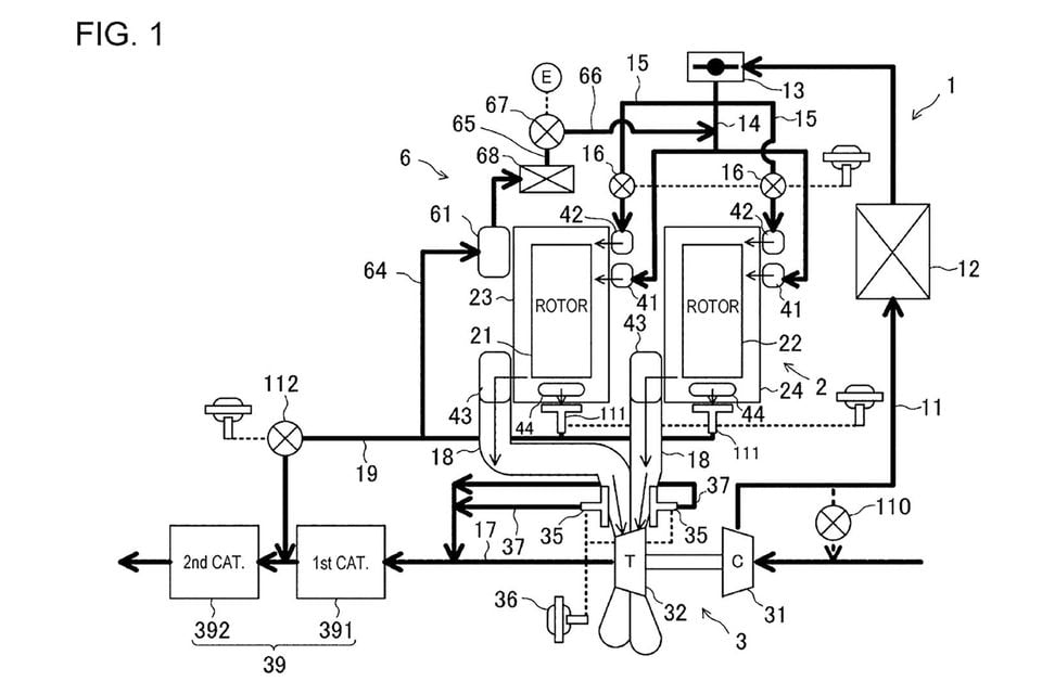 A technical patent diagram showing a dual-rotor rotary engine system with turbocharger, EGR circuit, and catalytic converters, labelled as Figure 1
