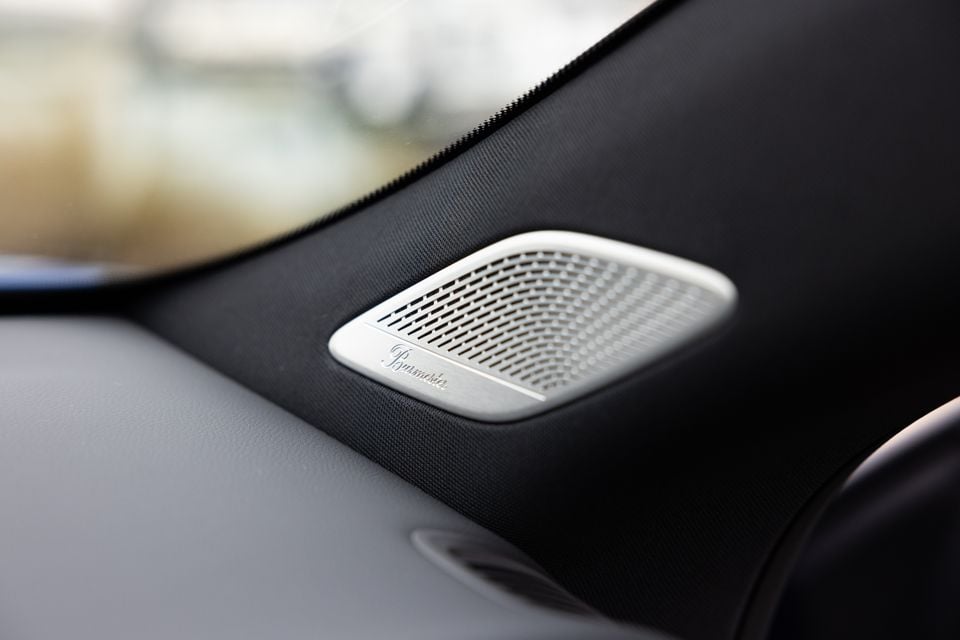A Burmester speaker grille on the dashboard of a 2026 Mercedes-Benz CLA 250 Electric