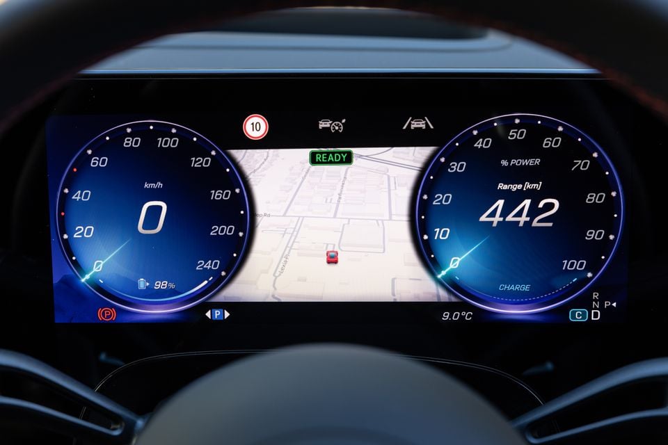 Digital instrument cluster of a 2026 Mercedes-Benz CLA 250 Electric showing a speedometer, 442km range reading, navigation map and 98% battery charge