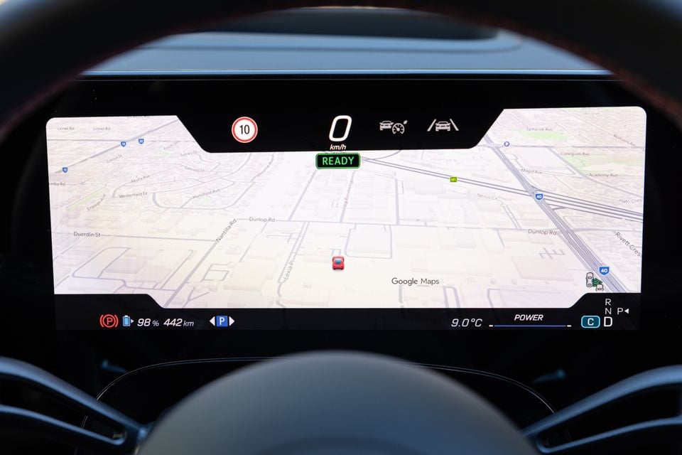 The digital instrument cluster of a 2026 Mercedes-Benz CLA 250 Electric showing Google Maps navigation, a 98% battery charge with 442km range, and a speed of 0 km/h