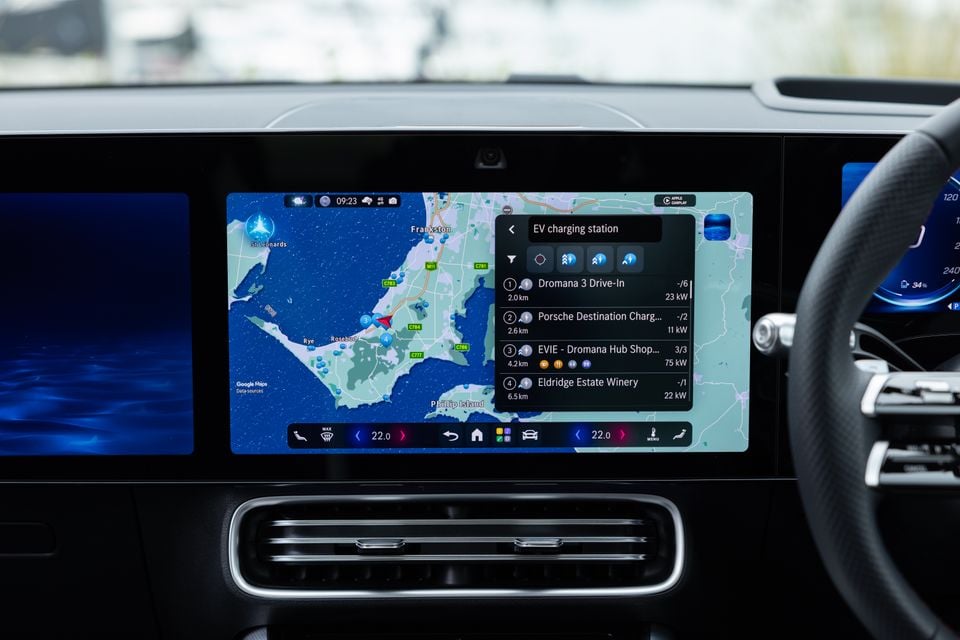 The infotainment screen of a 2026 Mercedes-Benz CLA showing an EV charging station search on Apple CarPlay with a map of the Mornington Peninsula area near Frankston and Phillip Island