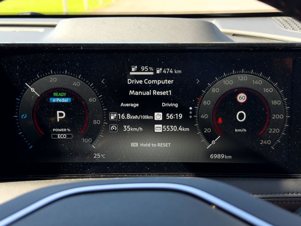 Digital instrument cluster of a Nissan Ariya showing the Drive Computer screen with 95% battery charge, 474km range, and average energy consumption of 16.8kWh/100km